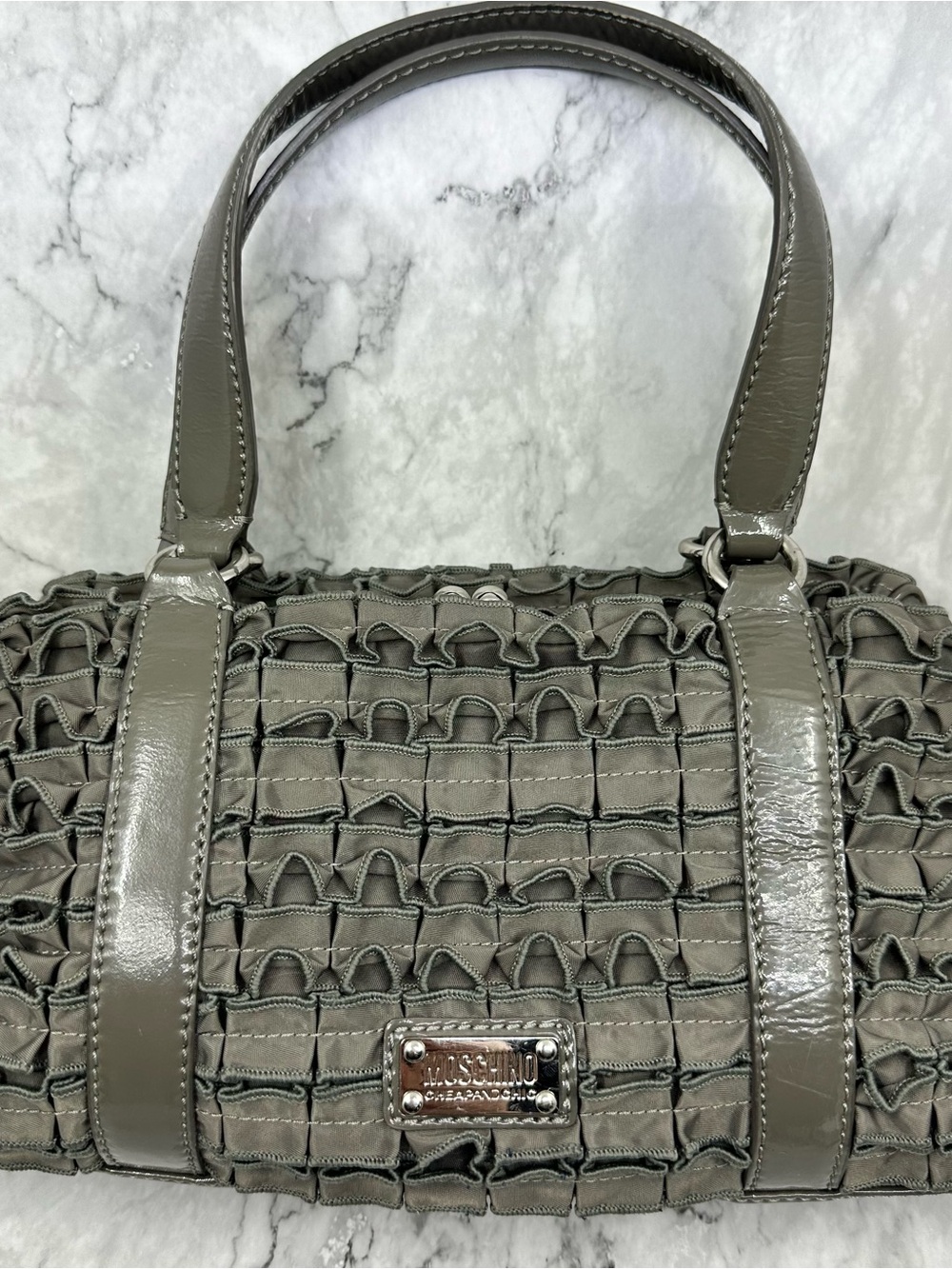 Moschino Olive Gray Ruffle Shoulder Bag with Patent Trim
